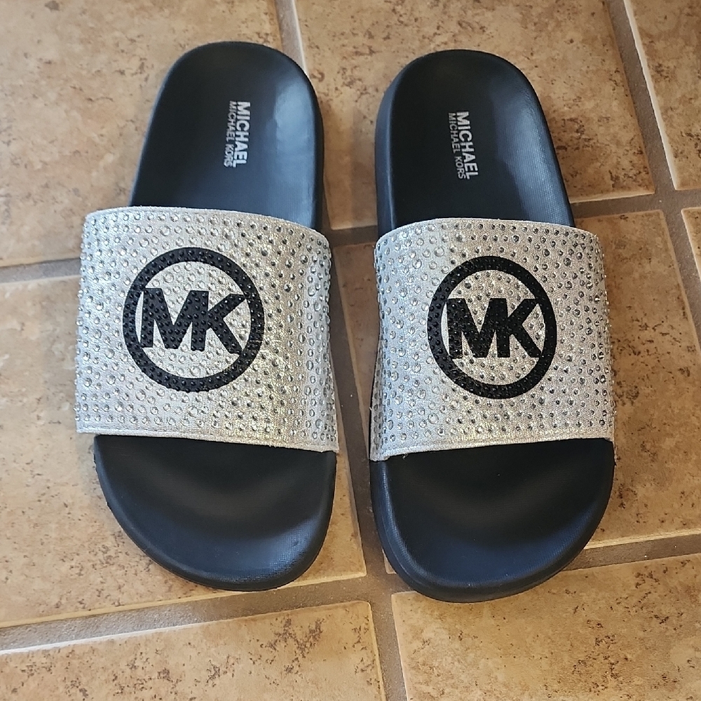 Michael Kors Silver and Black Logo Slide Sandals